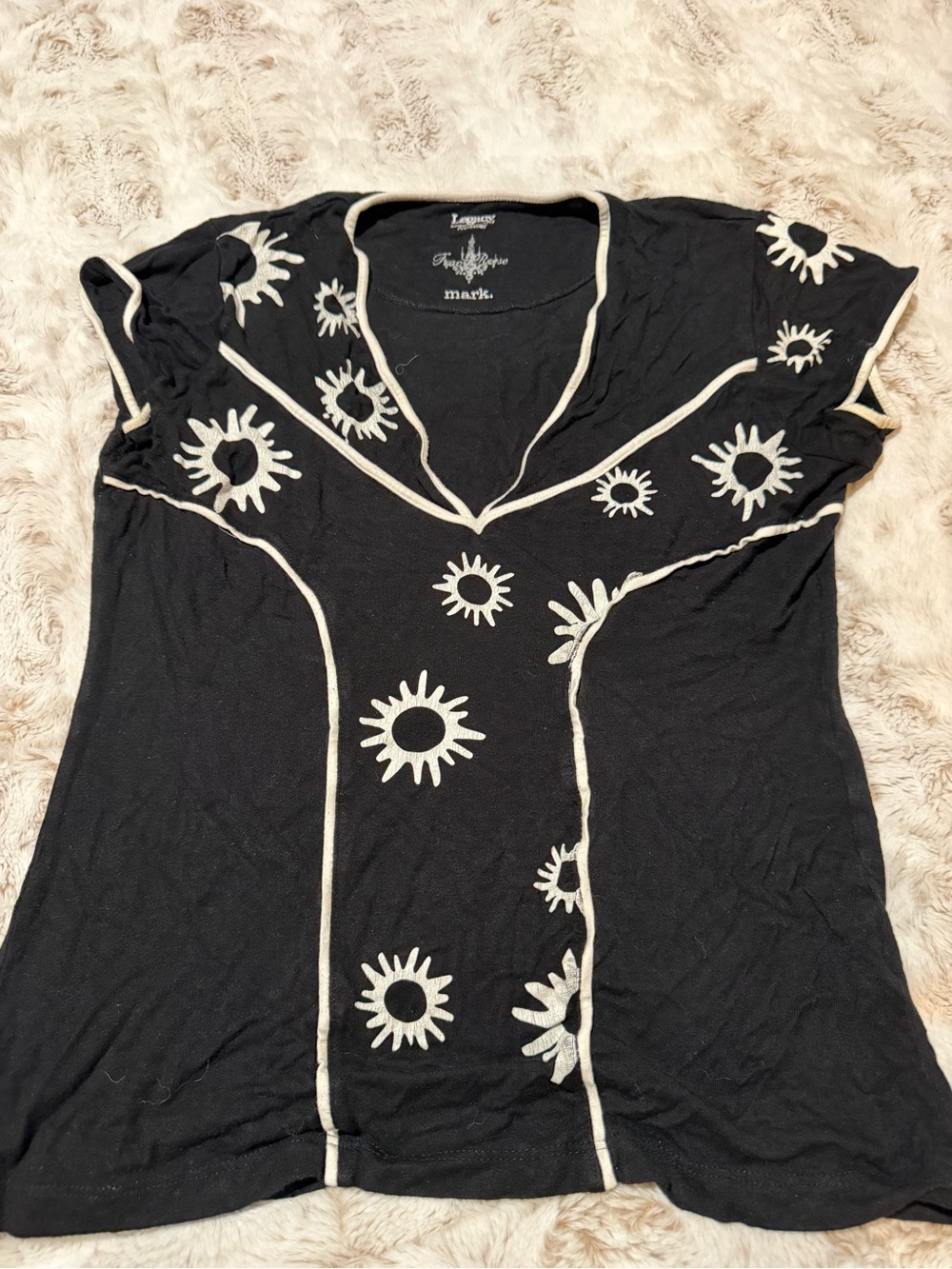 mark. Black V-Neck Short Sleeve Top with Cream Sunburst Accents